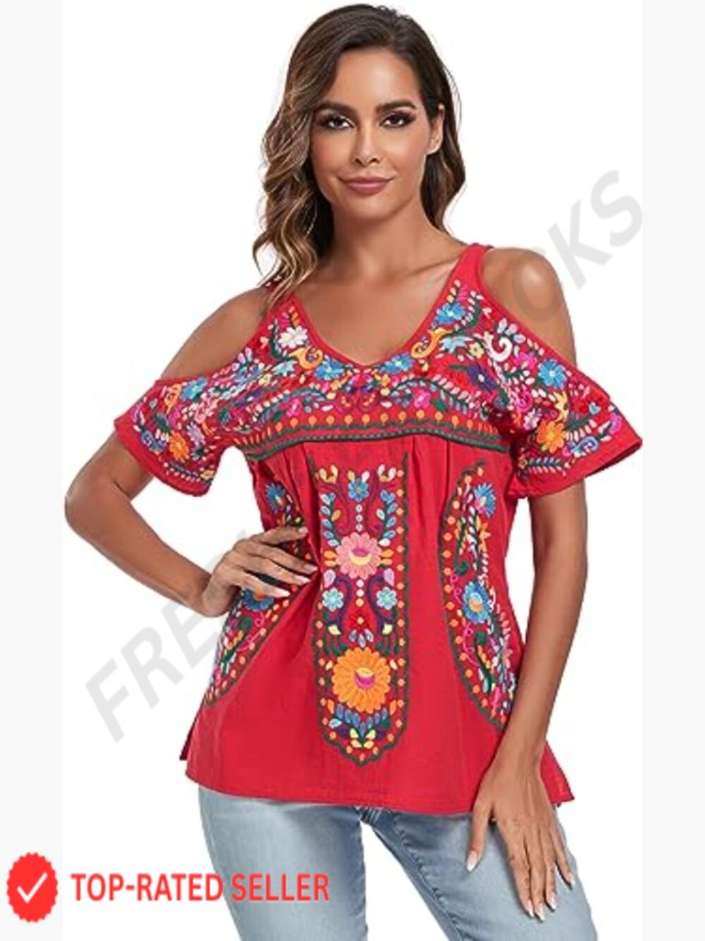 Mexican Embroidered Tunic Cold Shoulder V-Neck Boho Chic Summer Blouse - Picture 3 of 7